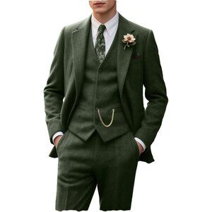 Men's Green 3 Piece Slim Fit Herringbone Suit Groom Tuxedo Wedding Set